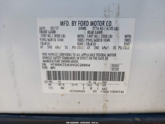 1FM5K7D83HGC26864 Ford EXPLORER XLT