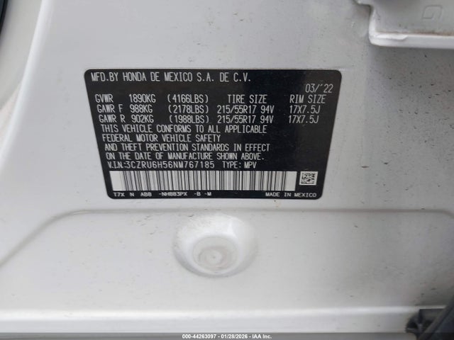 3CZRU6H56NM767185 Honda Hr-v Awd Ex