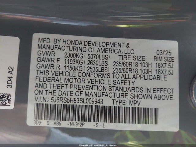 44263122 :رقم المزاد ، 5J6RS5H83SL009943 vin ، 2025 Honda Cr-v Hybrid Sport-l مزاد بيع