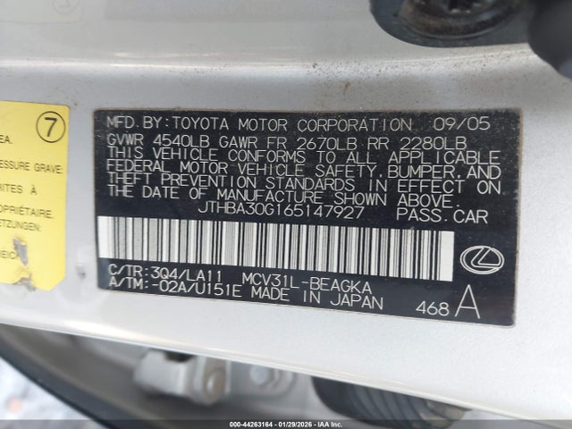 Aukcja sprzedaży 2006 Lexus Es 330, vin: JTHBA30G165147927, numer aukcji: 44263164