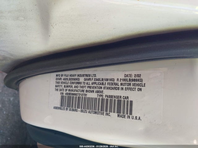 44263236 :رقم المزاد ، 4S3BE896927212731 vin ، 2002 Subaru Outback H6-3.0/h6-3.0 Vdc مزاد بيع