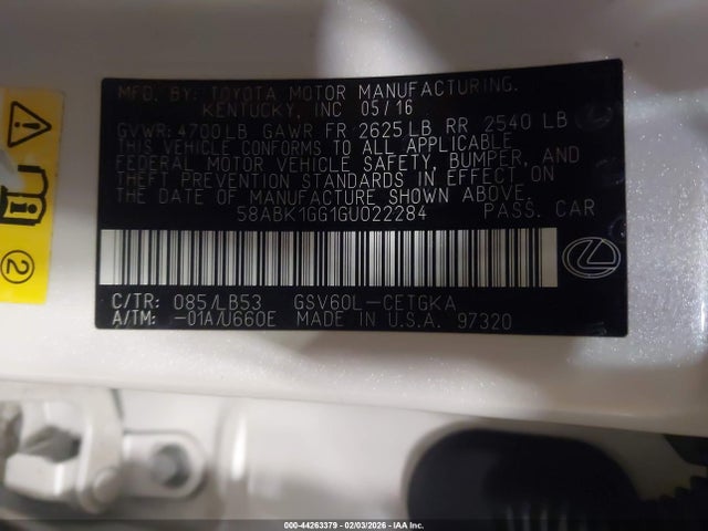 44263379 :رقم المزاد ، 58ABK1GG1GU022284 vin ، 2016 Lexus Es 350 مزاد بيع