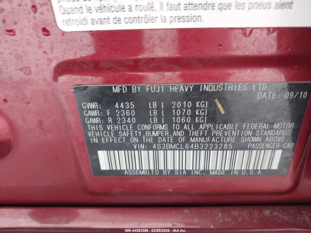 2011 Subaru Legacy 2.5i Limited მანქანა იყიდება აუქციონზე, vin: 4S3BMCL64B3223285, აუქციონის ნომერი: 44263396