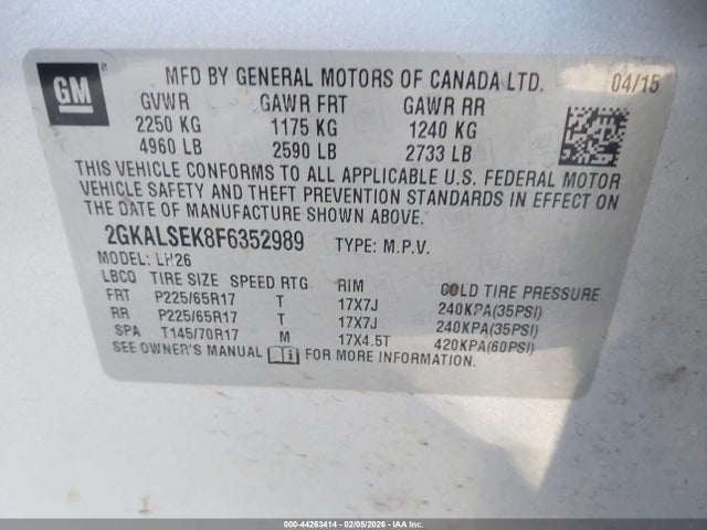 2015 Gmc Terrain Slt-1 მანქანა იყიდება აუქციონზე, vin: 2GKALSEK8F6352989, აუქციონის ნომერი: 44263414