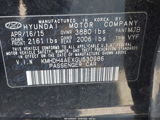 KMHDH4AEXGU530986 Hyundai ELANTRA SE