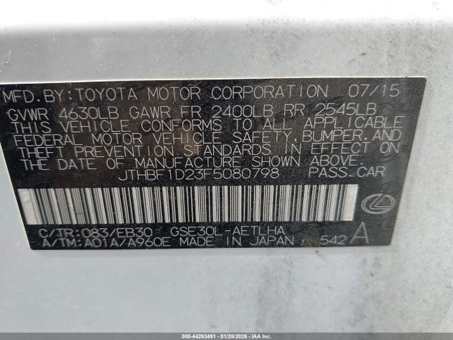 2015 Lexus Is 250 მანქანა იყიდება აუქციონზე, vin: JTHBF1D23F5080798, აუქციონის ნომერი: 44263491