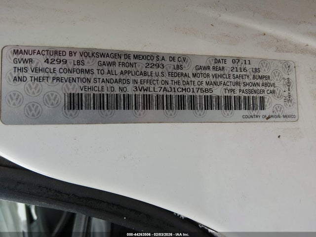 Aukcja sprzedaży 2012 Volkswagen Jetta 2.0l Tdi, vin: 3VWLL7AJ1CM017585, numer aukcji: 44263506