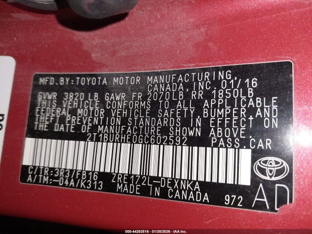 2T1BURHE0GC602592 Toyota COROLLA LE