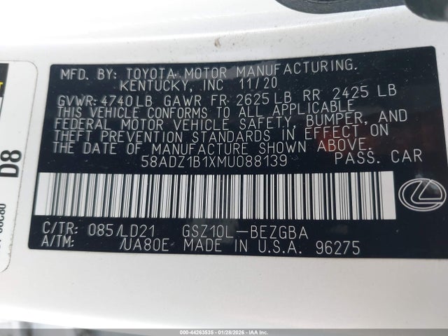 44263535 :رقم المزاد ، 58ADZ1B1XMU088139 vin ، 2021 Lexus Es 350 مزاد بيع