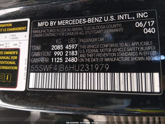 44263588 :رقم المزاد ، 55SWF4JB6HU231979 vin ، 2017 Mercedes-benz C 300 Luxury/sport مزاد بيع