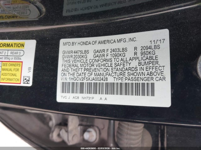 Продажа на аукционе авто 2018 Honda Accord Ex-l 2.0t, vin: 1HGCV2F5XJA002428, номер лота: 44263600