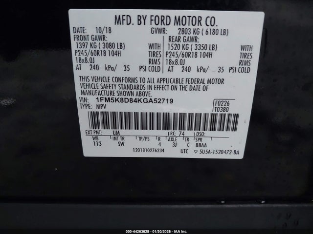 1FM5K8D84KGA52719 Ford EXPLORER XLT