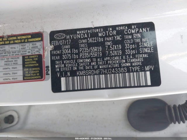 KM8SRDHF7HU243383 Hyundai Santa Fe Se Ultimate