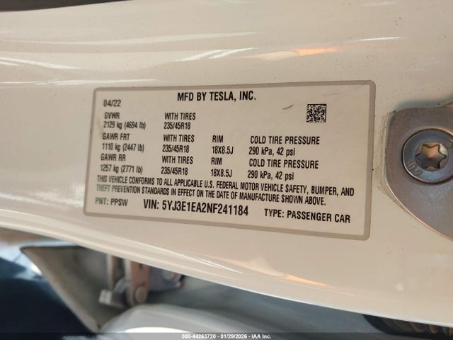 Продаж на аукціоні авто 2022 Tesla Model 3 Rear-wheel Drive, vin: 5YJ3E1EA2NF241184, номер лоту: 44263720