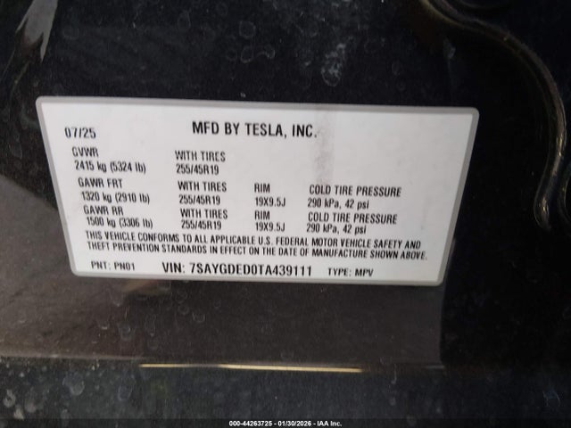 Продажа на аукционе авто 2026 Tesla Model Y Premium Rear-wheel Drive/standard Rear-wheel Drive, vin: 7SAYGDED0TA439111, номер лота: 44263725