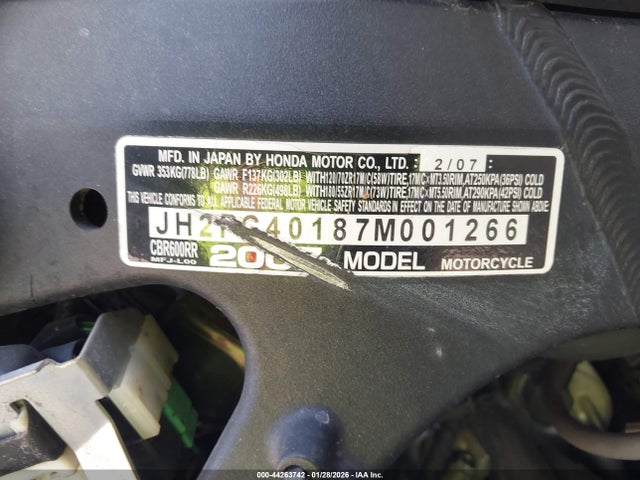 Aukcja sprzedaży 2007 Honda Cbr600 Rr, vin: JH2PC40187M001266, numer aukcji: 44263742