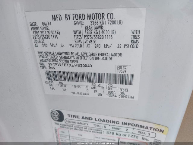 2014 Ford F-150 Lariat მანქანა იყიდება აუქციონზე, vin: 1FTFW1ETXEKE20040, აუქციონის ნომერი: 44263746