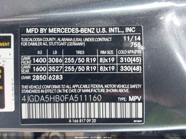 44263903 :رقم المزاد ، 4JGDA5HB0FA511160 vin ، 2015 Mercedes-benz Ml 350 4matic مزاد بيع