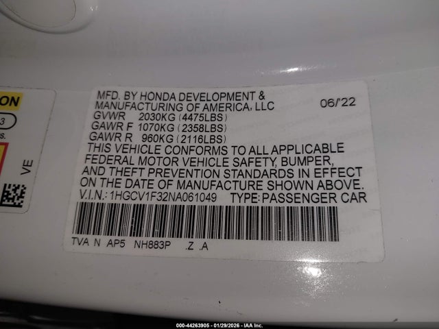 Продаж на аукціоні авто 2022 Honda Accord Sport, vin: 1HGCV1F32NA061049, номер лоту: 44263905