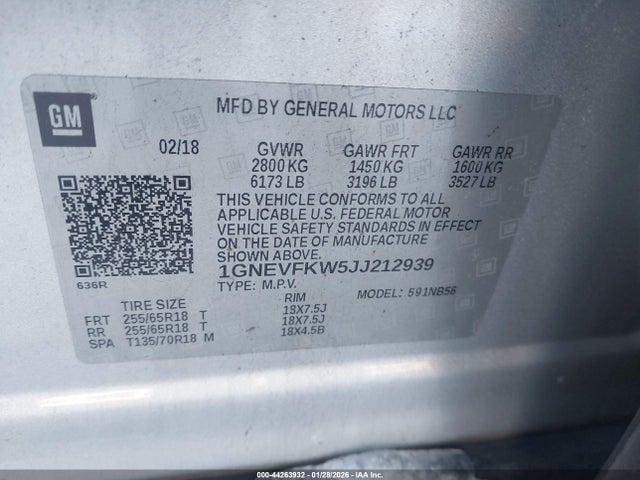 1GNEVFKW5JJ212939 Chevrolet Traverse Ls