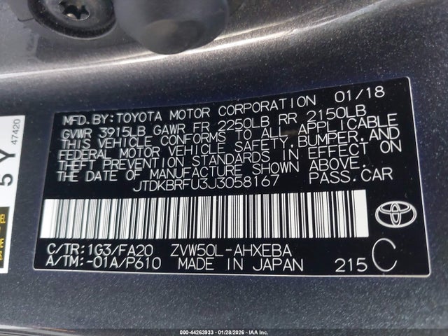 JTDKBRFU3J3058167 Toyota Prius Two