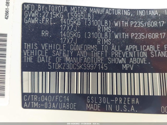 5TDKZ3DC5KS997145 Toyota Sienna Le 8 Passenger