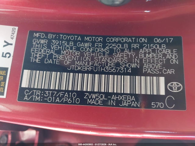 JTDKBRFU1H3567314 Toyota Prius Two