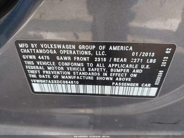 Aukcja sprzedaży 2013 Volkswagen Passat 2.5l Se, vin: 1VWBH7A3XDC084610, numer aukcji: 44263955