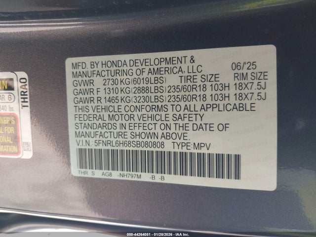 Honda Odyssey Ex-l 2025 5FNRL6H68SB080808 Image 9