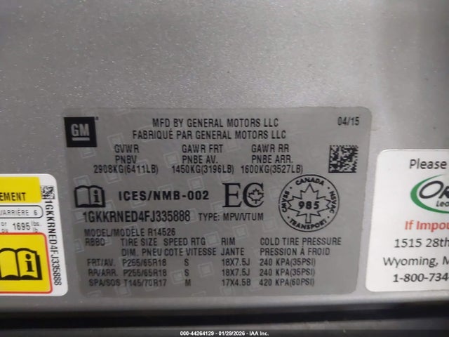 2015 Gmc Acadia Sle-1 მანქანა იყიდება აუქციონზე, vin: 1GKKRNED4FJ335888, აუქციონის ნომერი: 44264129