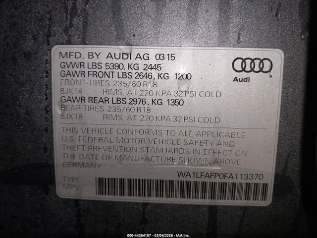 2015 Audi Q5 2.0t Premium მანქანა იყიდება აუქციონზე, vin: WA1LFAFP0FA113370, აუქციონის ნომერი: 44264157