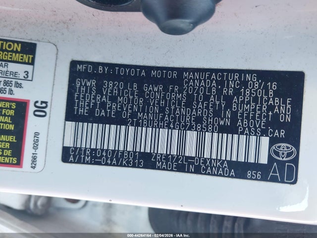 2016 TOYOTA COROLLA 2T1BURHE4GC738580 Photo 8