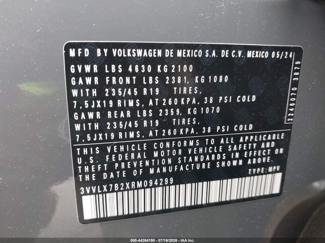 Aukcja sprzedaży 2024 Volkswagen Taos 1.5t Se Black, vin: 3VVLX7B2XRM094299, numer aukcji: 44264190