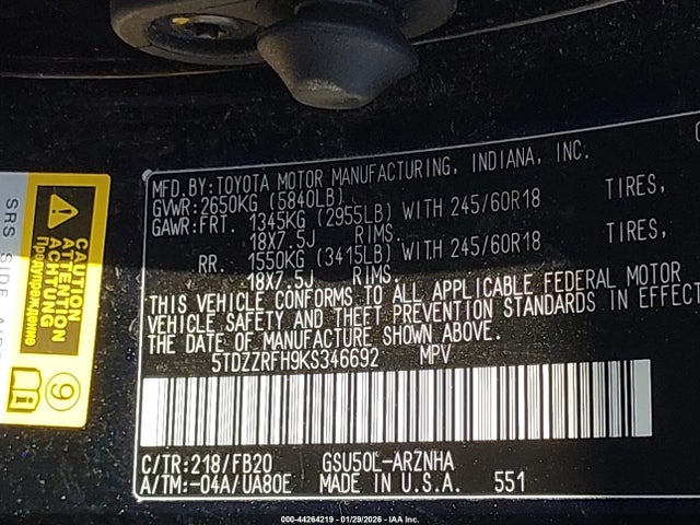 5TDZZRFH9KS346692 Toyota Highlander Le