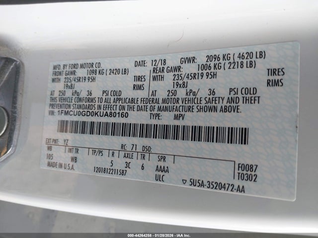 1FMCU0GD0KUA80160 Ford ESCAPE SE