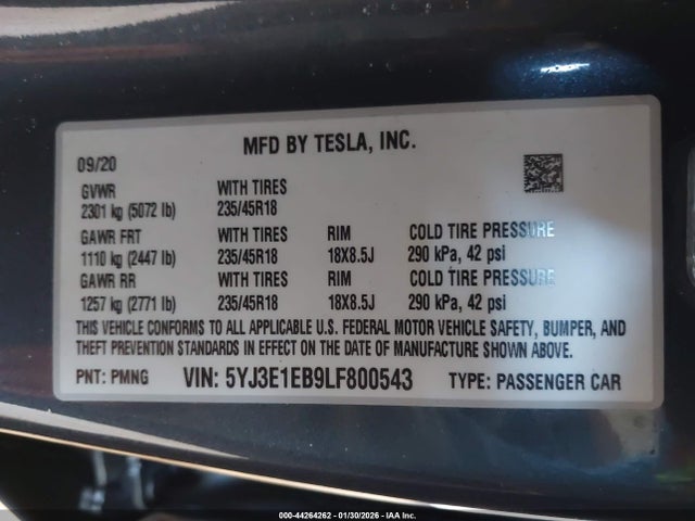 2020 Tesla Model 3 Long Range Dual Motor All-wheel Drive მანქანა იყიდება აუქციონზე, vin: 5YJ3E1EB9LF800543, აუქციონის ნომერი: 44264262