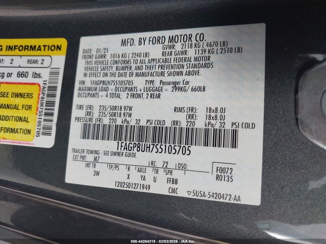 2025 Ford Mustang Ecoboost Premium მანქანა იყიდება აუქციონზე, vin: 1FAGP8UH7S5105705, აუქციონის ნომერი: 44264319