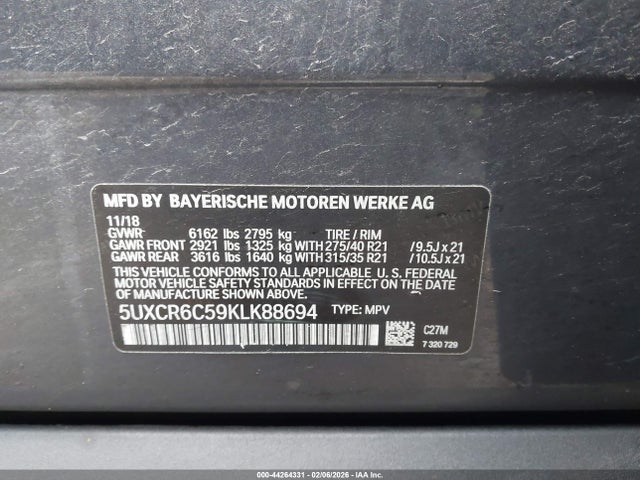 44264331 :رقم المزاد ، 5UXCR6C59KLK88694 vin ، 2019 Bmw X5 Xdrive40i مزاد بيع