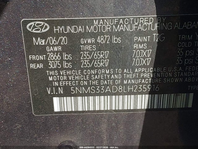 44264333 :رقم المزاد ، 5NMS33AD8LH235916 vin ، 2020 Hyundai Santa Fe Sel مزاد بيع