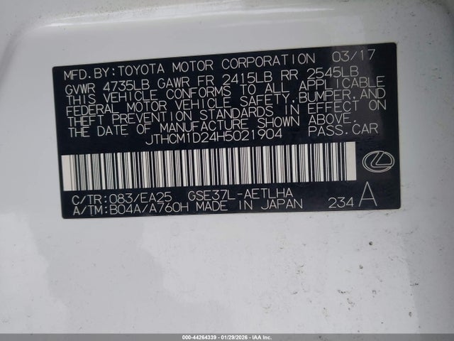 Aukcja sprzedaży 2017 Lexus Is 300, vin: JTHCM1D24H5021904, numer aukcji: 44264339