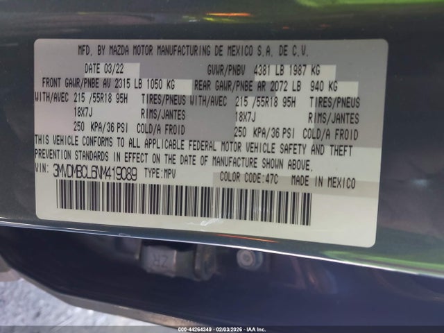 44264349 :رقم المزاد ، 3MVDMBCL6NM419089 vin ، 2022 Mazda Cx-30 Carbon Edition مزاد بيع