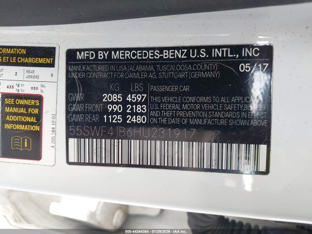 44264384 :رقم المزاد ، 55SWF4JB6HU231917 vin ، 2017 Mercedes-benz C 300 مزاد بيع