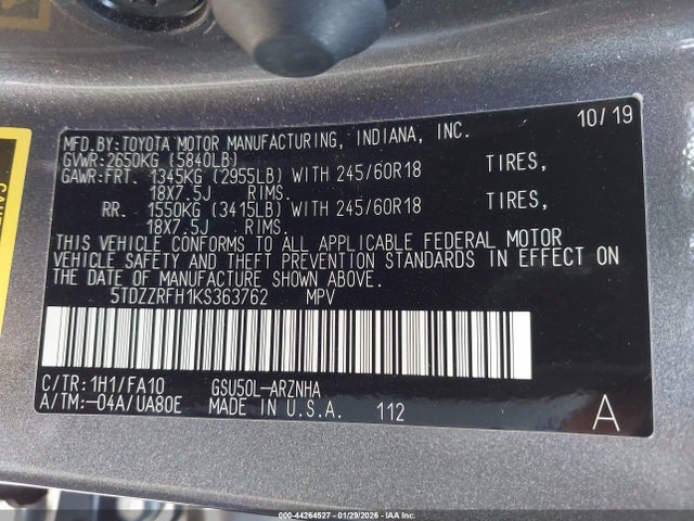 5TDZZRFH1KS363762 Toyota Highlander Le Plus