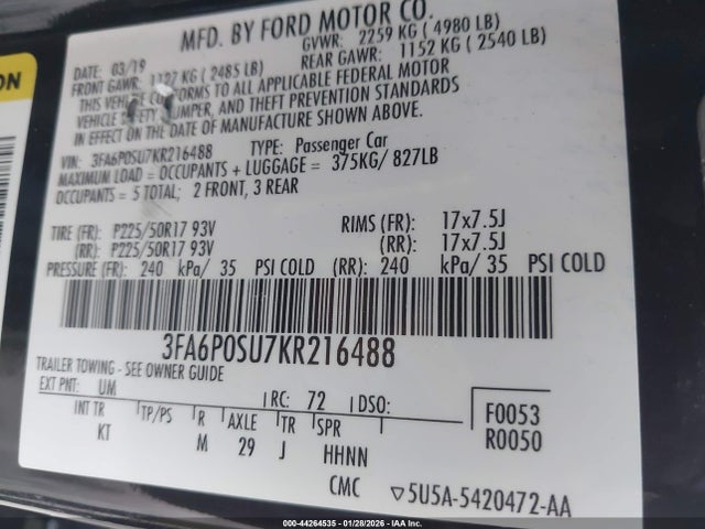 2019 FORD FUSION ENERGI 3FA6P0SU7KR216488 Photo 8