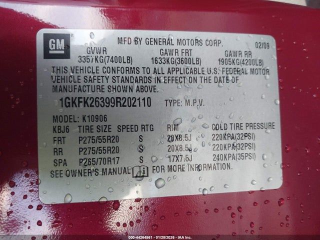 Auction sale of the 2009 Gmc Yukon Xl 1500 Sle2, vin: 1GKFK26399R202110, lot number: 44264561