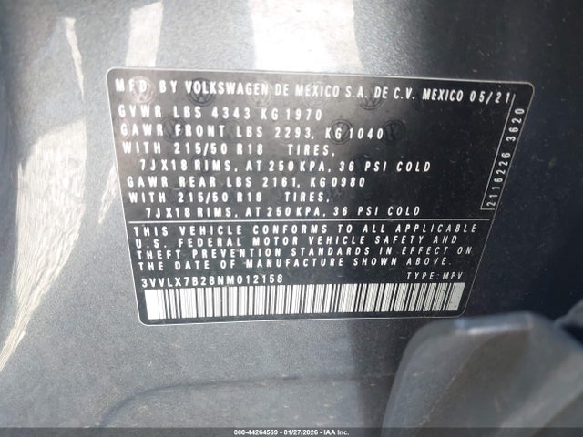 44264569 :رقم المزاد ، 3VVLX7B28NM012158 vin ، 2022 Volkswagen Taos 1.5t Se مزاد بيع