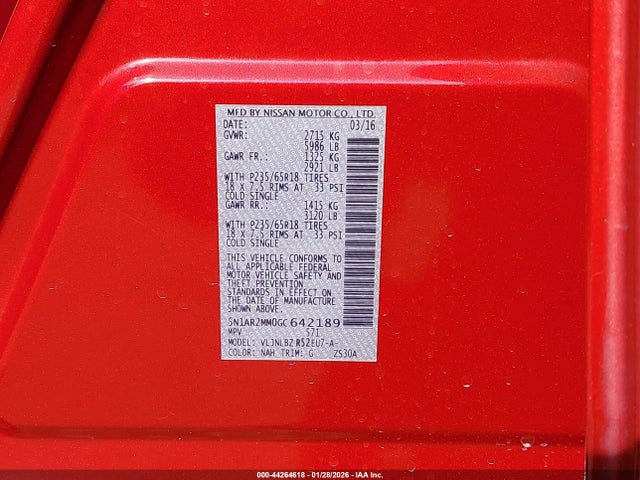 5N1AR2MM0GC642189 Nissan Pathfinder Platinum/s/sl/sv