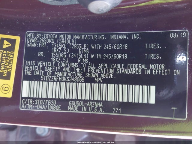 5TDZZRFH0KS348069 Toyota Highlander Le