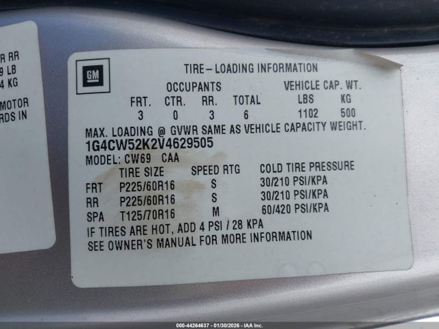 44264637 :رقم المزاد ، 1G4CW52K2V4629505 vin ، 1997 Buick Park Avenue مزاد بيع