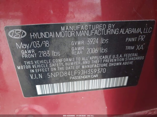 5NPD84LF9JH359370 Hyundai Elantra Value Edition